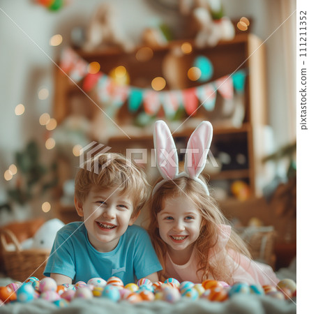 Close-up of boy and girl, cute smiling children playing with decorative Easter eggs in room decorated with Easter decorations. Close-up of boy and girl, cute smiling children playing with decorative Easter eggs in room decorated with Easter decorations. 111211352