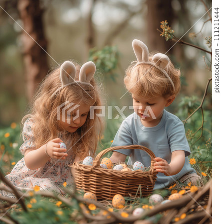 Easter, leisure time in nature. Cute little girl and boy with curly hair are looking for colorful Easter eggs in garden Easter, leisure time in nature. Cute little girl and boy with curly hair are looking for colorful Easter eggs in garden 111211444