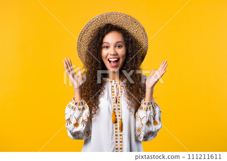 Pretty ukrainian woman shows triumph yes gesture of victory. Happy, surprised 111211611