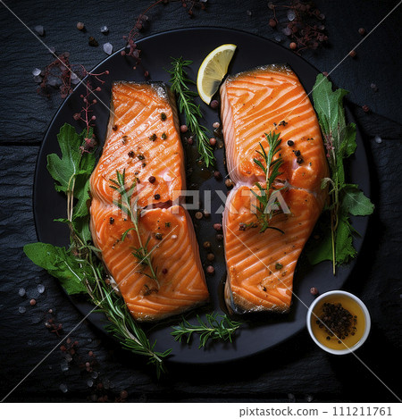 Top view. Photorealistic image of a salted salmon dish with seasonings and herbs 111211761