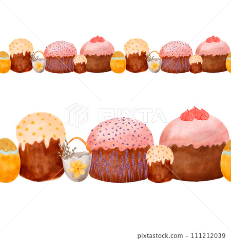 Seamless border with spring Easter, Easter cakes with icing, spring decor with eggs and flowers in watercolor. Watercolor border with Easter eggs 111212039