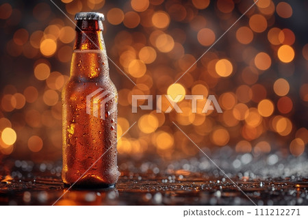 Close up view on a chilled beer bottle on bokeh background with space for text 111212271