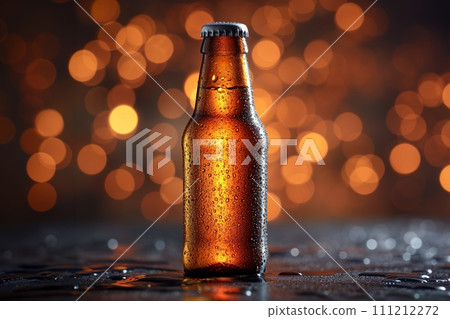 Close up view on a chilled beer bottle on bokeh background 111212272