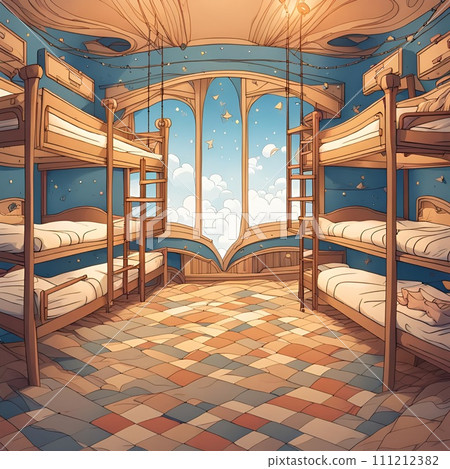 AI-generated content. Dreamy Dormitory: A Captivating Creation of a Room Adorned With Bunk Beds. Generative AI. 111212382
