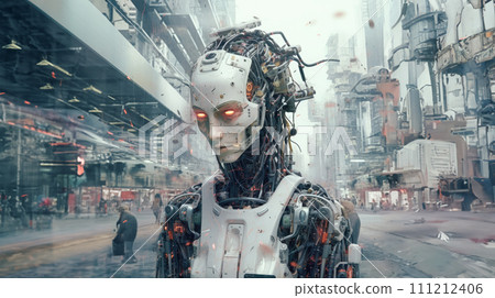 AI-generated content. Artificial Intelligence Robot Standing in a Futuristic City 111212406