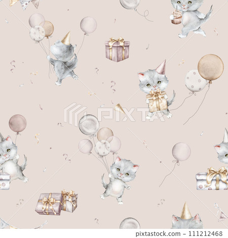 Seamless pattern Birthday Watercolor pastel color. Little gray cat and balloon. Watercolor hand drawn. Gift boxe with bows isolated on white background. Garland with flags and party hats cap 111212468