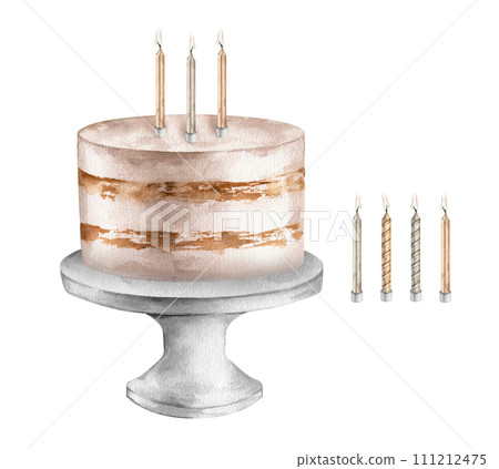Sweets birthday cake on a stand with gold and silver color candles. Watercolor light illustration of design for holidays or wedding pastel colors. Hand drawn illustration on isolated white background. 111212475