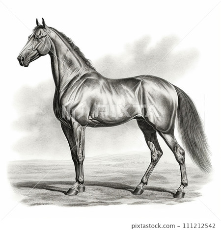 Akhal-Teke horse, engraving style, close-up portrait, black and white drawing, beautiful animal, favorite pet 111212542