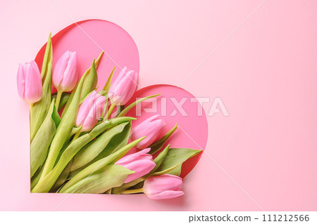 a bouquet of pink tulips in a heart on a pink background, a romantic greeting for the holiday, Mother's Day a bouquet of pink tulips in a heart on a pink background, a romantic greeting for the holiday, Mother's Day 111212566