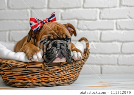 Cute bulldog puppy with union Jack bow in basket, rustic brick wall on background Cute bulldog puppy with union Jack bow in basket, rustic brick wall on background 111212979