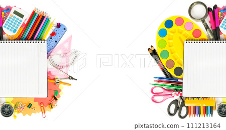 Set of stationery and school supplies isolated on a white. There is free space for text. Collage. Wide photo. Set of stationery and school supplies isolated on a white. There is free space for text. Collage. Wide photo. 111213164