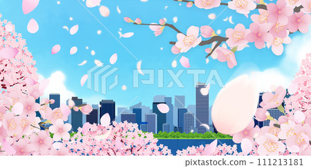櫻花盛開，藍天櫻花的城市景觀 111213181
