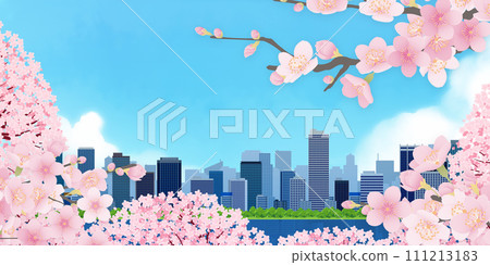 櫻花盛開，藍天櫻花的城市景觀 111213183