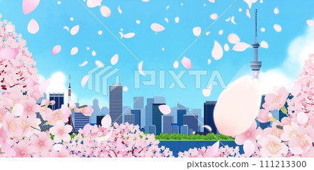 櫻花盛開，藍天櫻花的城市景觀 111213300