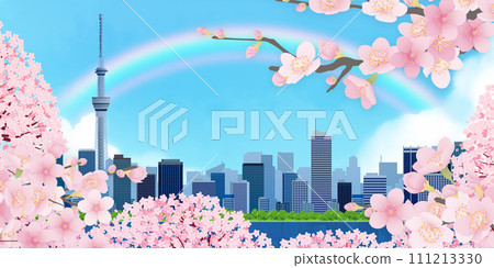 櫻花盛開，藍天櫻花的城市景觀 111213330