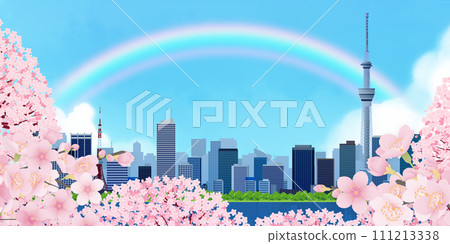 櫻花盛開，藍天櫻花的城市景觀 111213338