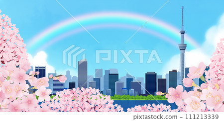 櫻花盛開，藍天櫻花的城市景觀 111213339