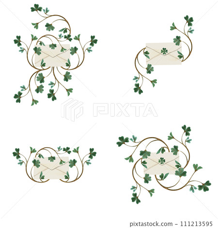 Se of white paper mailing envelopes with green four leaf clover for St. Patrick's Day invitation entangled with shamrock clover. Isolated watercolor illustration on white background. Clipart. 111213595