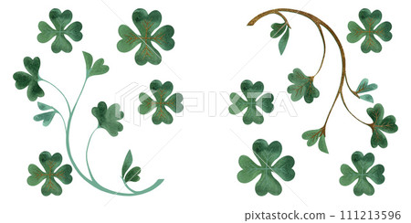 Set of clover branches. Shamrock. Symbol of Ireland. Decor for St. Patrick's Day. Vintage. Isolated watercolor illustration on white background. Clipart. Set of clover branches. Shamrock. Symbol of Ireland. Decor for St. Patrick's Day. Vintage. Isolated watercolor illustration on white background. Clipart. 111213596