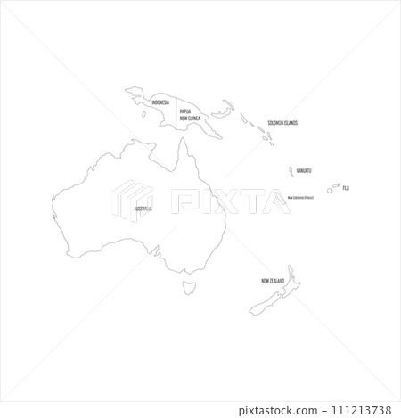Political map of Australia. Thin black outline map with country name labels on white background. Ortographic projection. Vector illustration 111213738