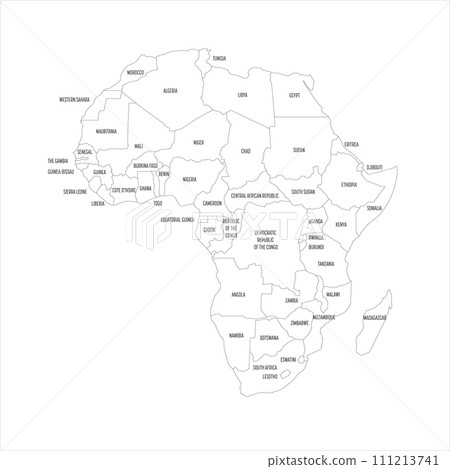 Political map of Africa. Thin black outline map with country name labels on white background. Ortographic projection. Vector illustration 111213741