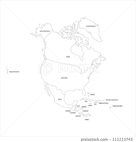 Political map of North America. Thin black outline map with country name labels on white background. Ortographic projection. Vector illustration Political map of North America. Thin black outline map with country name labels on white background. Ortographic projection. Vector illustration 111213743