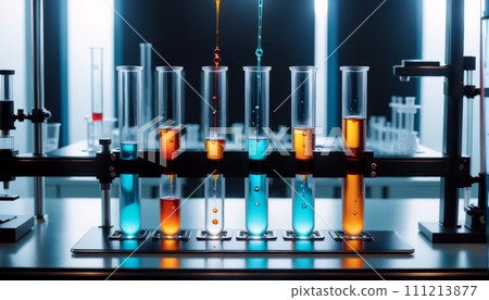 Test tubes filled with different colored liquids show chemical reactions with a wide variety of substances 111213877