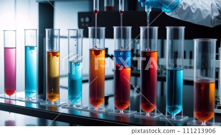 Test tubes filled with different colored liquids show chemical reactions with a wide variety of substances 111213906