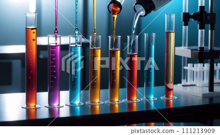 Test tubes filled with different colored liquids show chemical reactions with a wide variety of substances 111213909