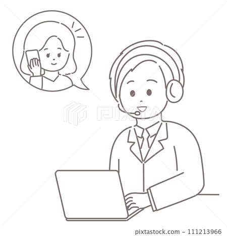 Illustration of a male operator talking to a woman via intercom Illustration of a male operator talking to a woman via intercom 111213966
