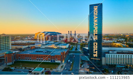 Aerial Indianapolis Skyline at Golden Hour with Colts Stadium Aerial Indianapolis Skyline at Golden Hour with Colts Stadium 111213985