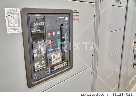 Industrial Circuit Breaker Controls and Safety Labels - Close-Up View 111214021
