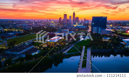 Aerial Sunrise Over Indianapolis Skyline and White River 111214111