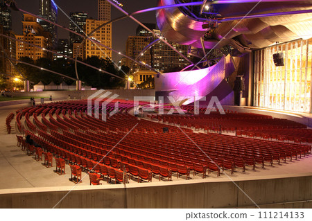 Jay Pritzker Pavilion Amphitheater and Cityscape Night View, Chicago Illinois 111214133