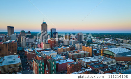Aerial Evening Cityscape with Skyscrapers and Stadium in Indianapolis 111214198