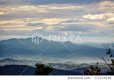 Serene Smoky Mountain Sunrise with Misty Valleys - Elevated View 111214236