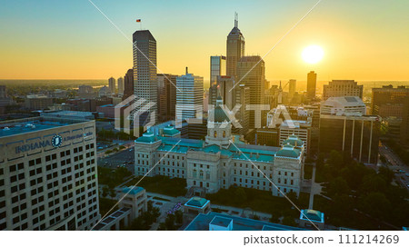 Aerial Golden Hour Glow on Indianapolis Cityscape 111214269