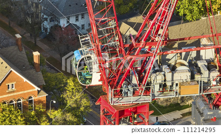Aerial Close Up of Red Crane in Suburban Ann Arbor Aerial Close Up of Red Crane in Suburban Ann Arbor 111214295