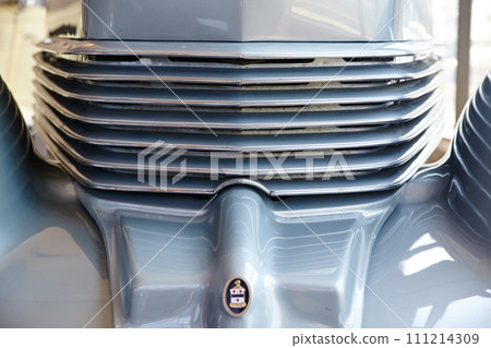 Luxury Car Grille Detail with Chrome Slats and Crest Emblem, Low Angle View 111214309
