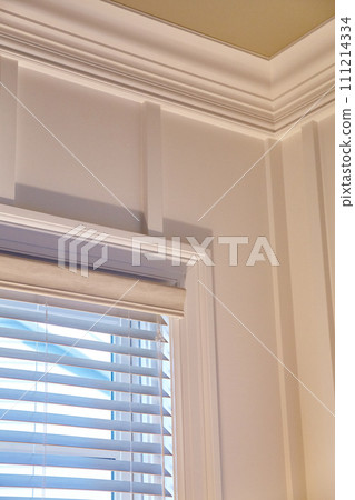 Elegant Interior with Modern Blinds and Crown Molding, Eye-Level View Elegant Interior with Modern Blinds and Crown Molding, Eye-Level View 111214334