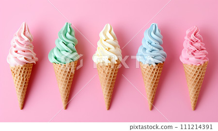 AI-generated content. Asorted of ice cream scoops with cones in row on pink background. AI-generated content. Asorted of ice cream scoops with cones in row on pink background. 111214391