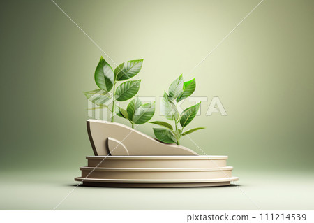 Light and Shadow, 3D Origami Leaves Podium on Green Background 111214539