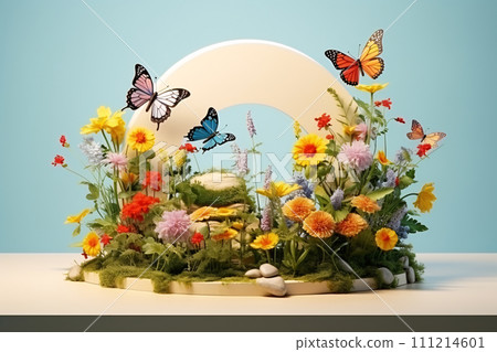 3D Spring Floral Podium, Butterflies and Dragonflies in Natural Light 111214601