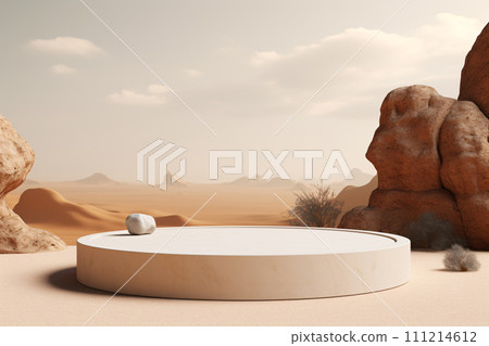 3D Realistic Podium on Desert Sand Beach Background 111214612