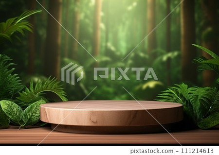 Wooden Podium in Lush Tropical Forest, Showcase Your Product in Paradise 111214613