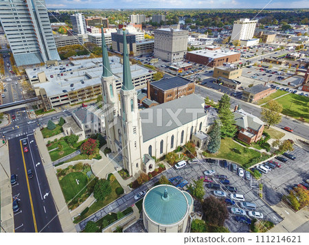 Aerial View of Historical Church Amidst Fort Wayne Downtown Skyline 111214621