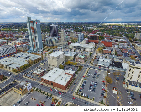 Aerial Downtown Fort Wayne Skyline with Dynamic Clouds Aerial Downtown Fort Wayne Skyline with Dynamic Clouds 111214651