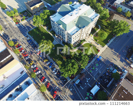 Aerial View of Urban Car Show, Classical Building and City Traffic in Indiana 111214663