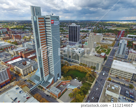 Aerial View of Fort Wayne Downtown Skyline with Cloudy Skies 111214667