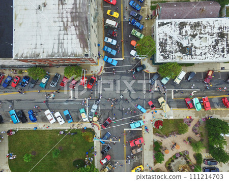 Aerial Street Top Down with Car Show and Pedestrians, Auburn, Indiana 111214703